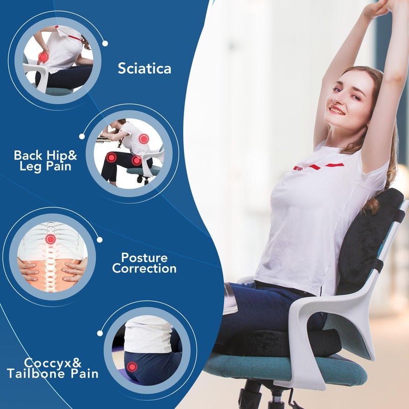 QUTOOL Orthopedic Seat Cushion and Lumbar Support Pillow for Office Chair & Car, Memory Foam with Washable Cover Ergonomic Desk Chair Cushion for Tailbone, Lower Back Pain, Sciatica Relief - Image 2